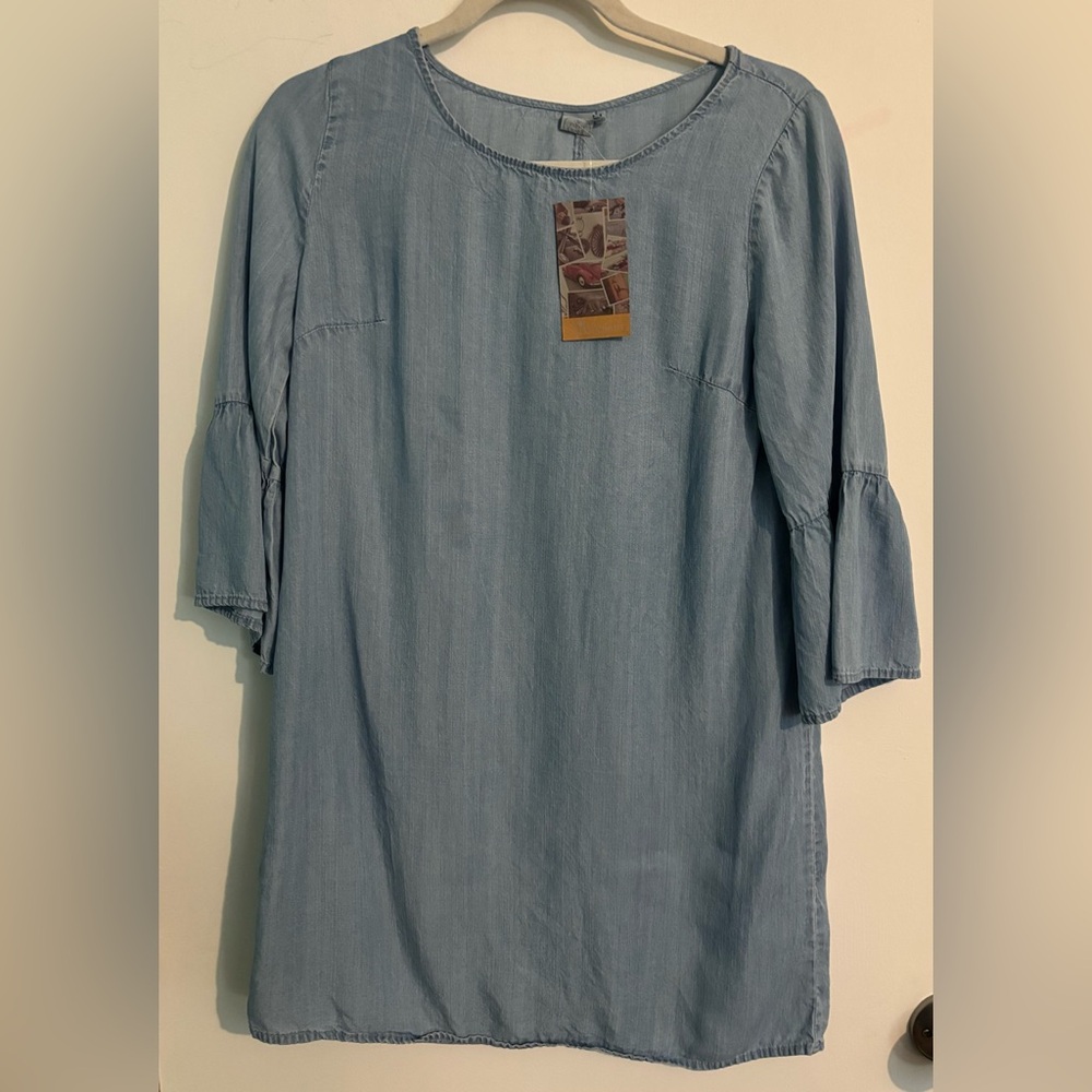 NWT Paper Cranes Womens Sz Small Chambray Tunic Mini Dress 3/4 Bell Sleeve‎ Blue